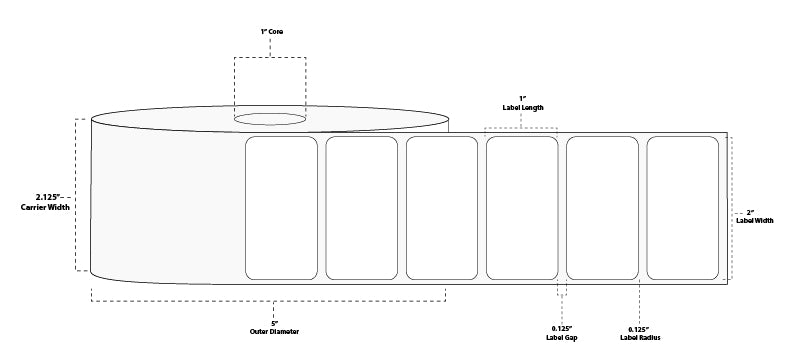 2" x 1" premium direct thermal label roll, 1" core, 2,340 labels
