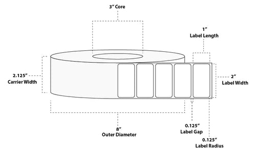 2" x 1" Premium Thermal Transfer Paper Label; No Perf; 3" Core; 8" OD; 8 Rolls/carton (5,500 Labels/roll)