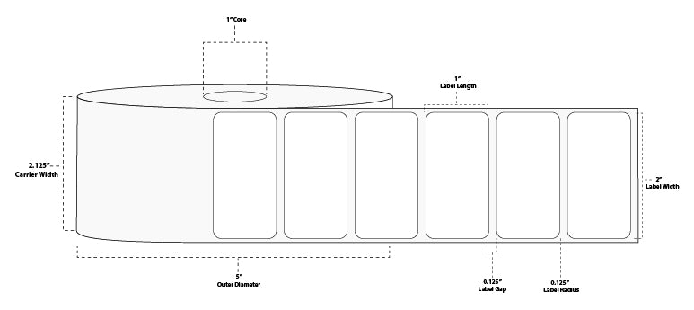 2" x 1" Premium Thermal Transfer Paper Label; Perforated; 1" Core; 5" OD; 8 Rolls/carton (2,500 Labels/roll)