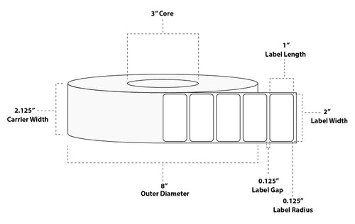 2" x 1" Standard Direct Thermal Paper Label; Perforated; 3" Core; 8" OD; 8 Rolls/carton (5,500 Labels/roll)