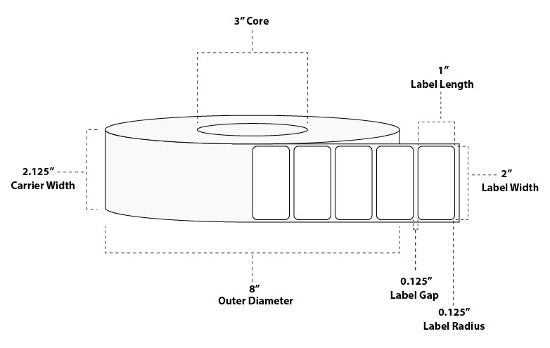 2" x 1" Standard Direct Thermal Paper Label; Perforated; 3" Core; 8" OD; 8 Rolls/carton (5,500 Labels/roll)
