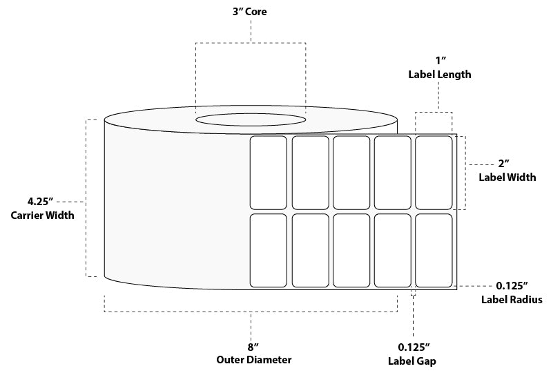 2" x 1" Standard Thermal Transfer Paper Label; No Perf; 3" Core; 8" OD; 4 Rolls/carton (11,000 Labels/roll)