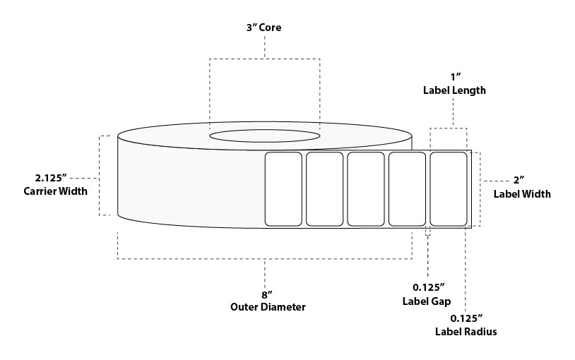 2" x 1" Standard Thermal Transfer Paper Label; No Perf; 3" Core; 8" OD; 8 Rolls/carton (5,500 Labels/roll)