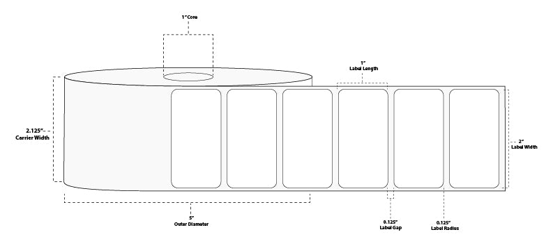2" x 1" Standard Thermal Transfer Paper Label; Perforated; 1" Core; 5" OD; 4 Rolls/carton (2,300 Labels/roll)
