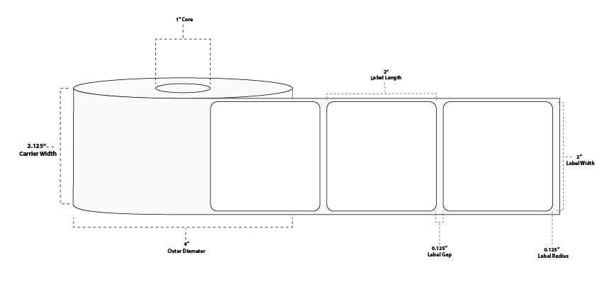 2" x 2" Premium Direct Thermal Paper Label; Perforated; 1" Core; 4" OD; 12 Rolls/carton (735 Labels/roll)