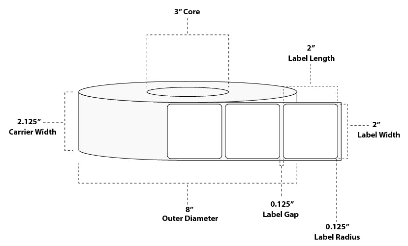 2" x 2" Premium Thermal Transfer Paper Label; No Perf; 3" Core; 8" OD; 8 Rolls/carton (2,900 Labels/roll)