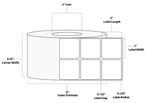 2" x 2" Standard Thermal Transfer Paper Label; Perforated; 3" Core; 8" OD; 4 Rolls/carton (5,800 Labels/roll)
