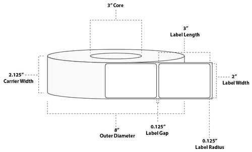 2" x 3" Premium Direct Thermal Paper Label; Perforated; 3" Core; 8" OD; 8 Rolls/carton (1,900 Labels/roll)
