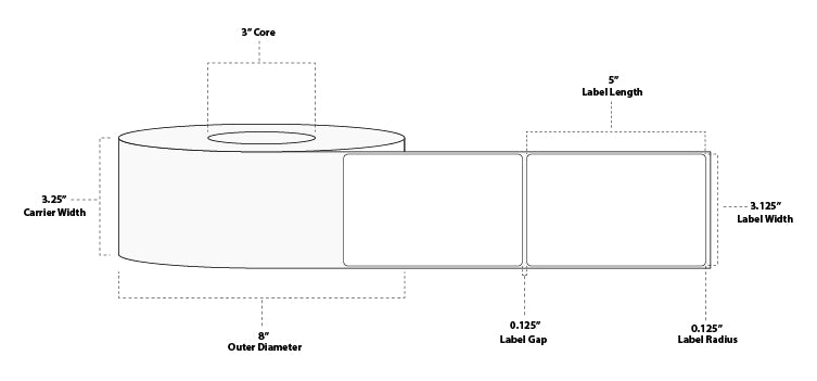 3.125" x 5" Premium Direct Thermal Paper Label; Perforated; 3" Core; 8" OD; 4 Rolls/carton (1,200 Labels/roll)