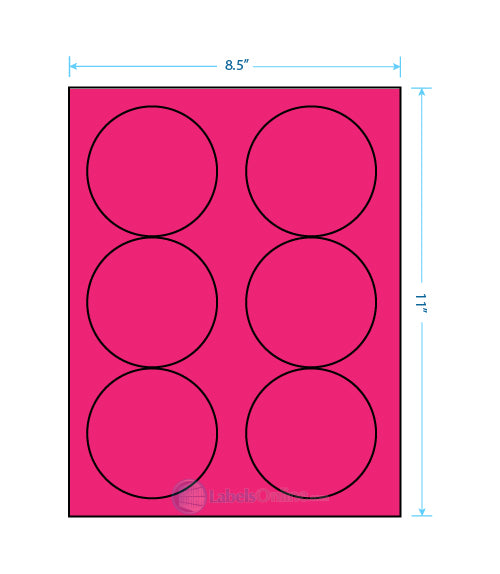 3.33" Circle - 6 up - Fluorescent Pink Labels - Laser Printer Sheet