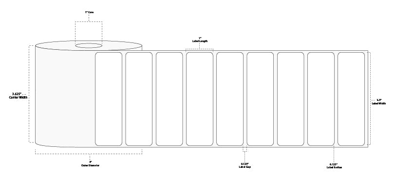 3.5" x 1.5" Premium Direct Thermal Paper Label; Perforated; 1" Core; 4" OD; 12 Rolls/carton (900 Labels/roll)