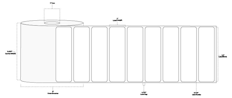 3.5" x 1.5" Premium Direct Thermal Paper Label; Perforated; 1" Core; 4" OD; 12 Rolls/carton (960 Labels/roll)