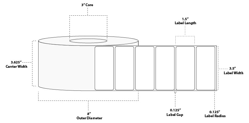 3.5" x 1.5" Premium Direct Thermal Paper Label; Perforated; 3" Core; 8" OD; 4 Rolls/carton (3,600 Labels/roll)