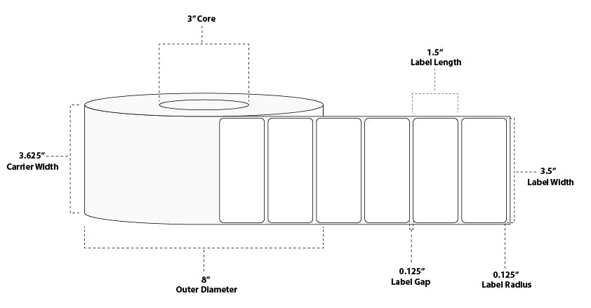 3.5" x 1.5" Premium Direct Thermal Paper Label; Perforated; 3" Core; 8" OD; 4 Rolls/carton (3,600 Labels/roll)