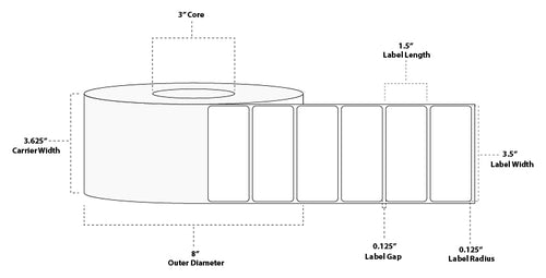 3.5" x 1.5" Premium Thermal Transfer Paper Label; Perforated; 3" Core; 8" OD; 4 Rolls/carton (3,600 Labels/roll)