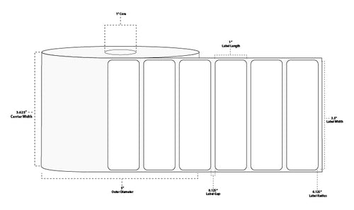 3.5" x 1" Premium Direct Thermal Paper Label; Perforated; 1" Core; 5" OD; 12 Rolls/carton (2,500 Labels/roll)