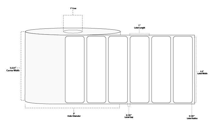 3.5" x 1" Premium Direct Thermal Paper Label; Perforated; 1" Core; 5" OD; 12 Rolls/carton (2,500 Labels/roll)