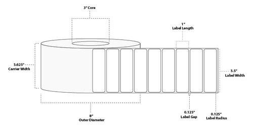 3.5" x 1" Premium Direct Thermal Paper Label; Perforated; 3" Core; 8" OD; 4 Rolls/carton (5,500 Labels/roll)