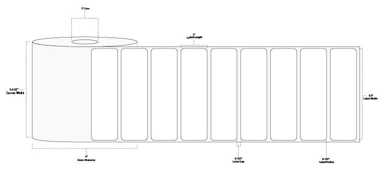 3.5" x 1" Standard Direct Thermal Paper Label; Perforated; 1" Core; 4" OD; 4 Rolls/carton (1,310 Labels/roll)