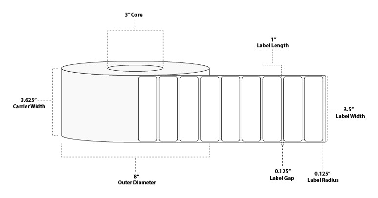 3.5" x 1" Standard Thermal Transfer Paper Label; No Perf; 3" Core; 8" OD; 6 Rolls/carton (5,500 Labels/roll)