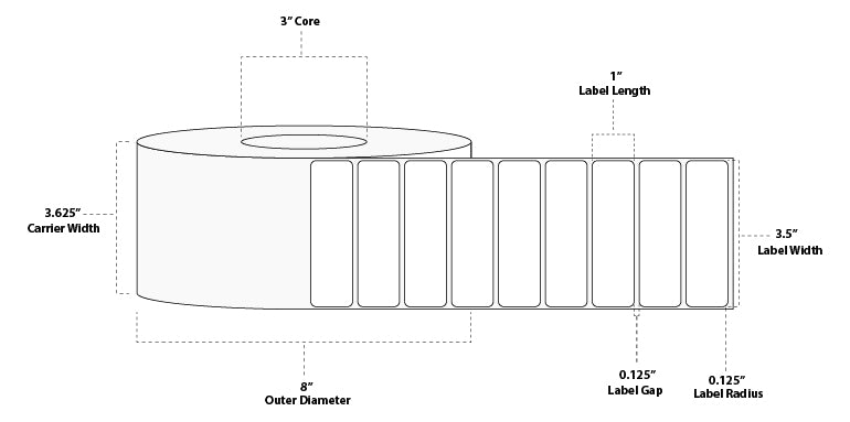 3.5" x 1" Standard Thermal Transfer Paper Label; Perforated; 3" Core; 8" OD; 6 Rolls/carton (5,500 Labels/roll)