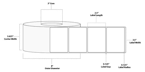 3.5" x 2.5" Premium Thermal Transfer Paper Label; Perforated; 3" Core; 8" OD; 4 Rolls/carton (2,500 Labels/roll)