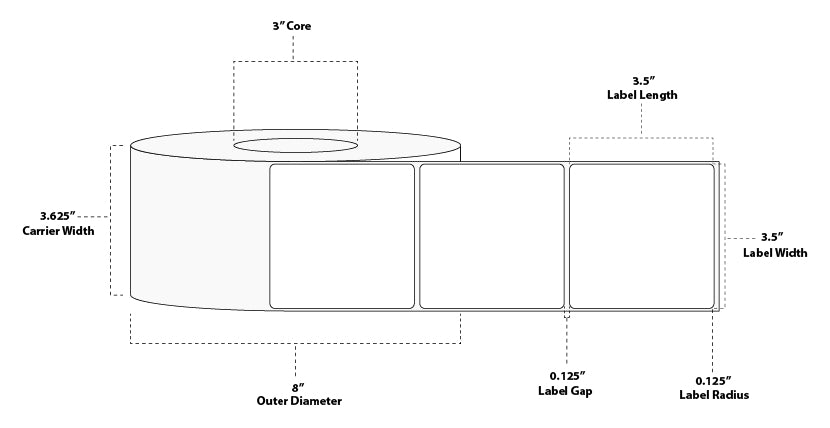 3.5" x 3.5" Premium Direct Thermal Paper Label; Perforated; 3" Core; 8" OD; 4 Rolls/carton (1,600 Labels/roll)