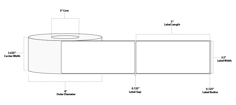3.5" x 8" Standard Thermal Transfer Paper Label; No Perf; 3" Core; 8" OD; 6 Rolls/carton (750 Labels/roll)