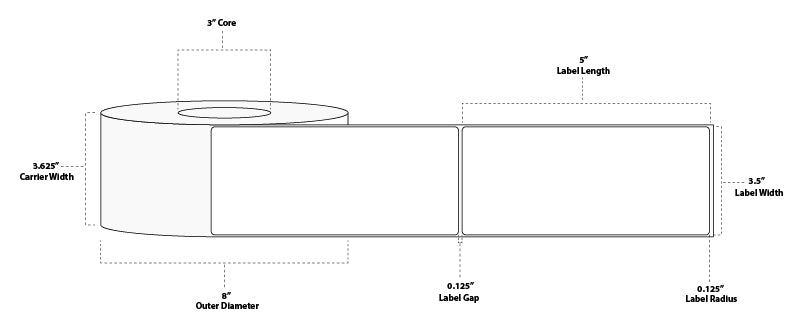 3.5" x 8" Standard Thermal Transfer Paper Label; Perforated; 3" Core; 8" OD; 6 Rolls/carton (750 Labels/roll)