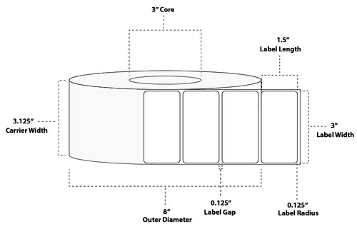 3" x 1.5" Premium Direct Thermal Paper Label; Perforated; 3" Core; 8" OD; 8 Rolls/carton (3,600 Labels/roll)