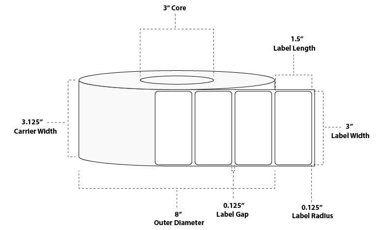 3" x 1.5" Standard Thermal Transfer Paper Label; No Perf; 3" Core; 8" OD; 6 Rolls/carton (3,800 Labels/roll)