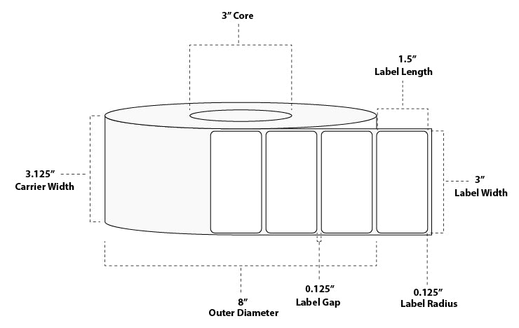 3" x 1.5" Standard Thermal Transfer Paper Label; Perforated; 3" Core; 8" OD; 6 Rolls/carton (3,800 Labels/roll)