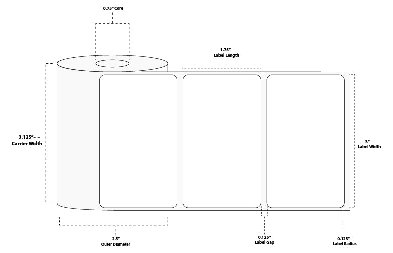 3" x 1.75" Standard Direct Thermal Paper Label; Perforated; 0.75" Core; 2.5" OD; 36 Rolls/carton (350 Labels/roll)