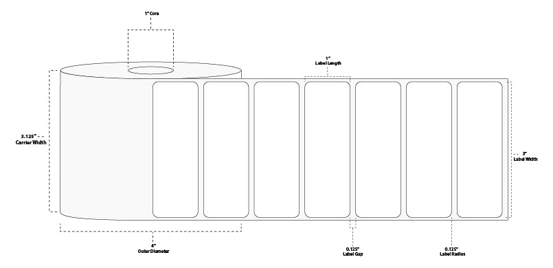 3" x 1" Floodcoated Direct Thermal Paper Label; Perforated; 1" Core; 4" OD; 12 Rolls/carton (1,375 Labels/roll) - 345 Green