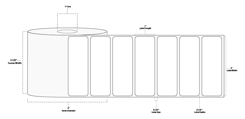 3" x 1" Premium Direct Thermal Paper Label; Perforated; 1" Core; 4" OD; 12 Rolls/carton (1,375 Labels/roll)