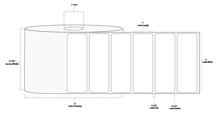 3" x 1" Premium Direct Thermal Paper Label; Perforated; 1" Core; 5" OD; 6 Rolls/carton (2,340 Labels/roll)
