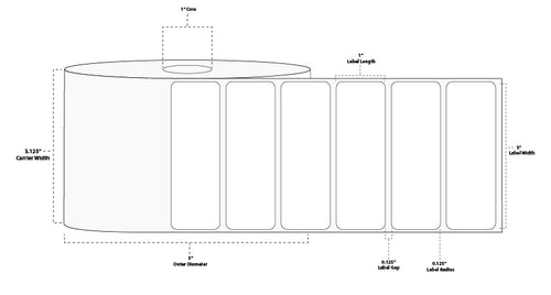 3" x 1" Premium Thermal Transfer Paper Label; Perforated; 1" Core; 5" OD; 6 Rolls/carton (2,580 Labels/roll)
