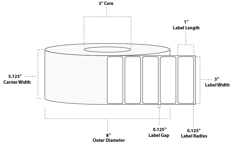 3" x 1" Standard Thermal Transfer Paper Label; No Perf; 3" Core; 8" OD; 6 Rolls/carton (5,500 Labels/roll)
