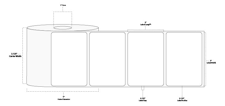 3" x 2" Floodcoated Direct Thermal Paper Label; Perforated; 1" Core; 4" OD; 12 Rolls/carton (735 Labels/roll) - 032 Red