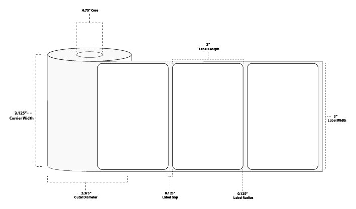 3" x 2" Premium Direct Thermal Paper Label; Perforated; 0.75" Core; 2.375" OD; 24 Rolls/carton (300 Labels/roll)