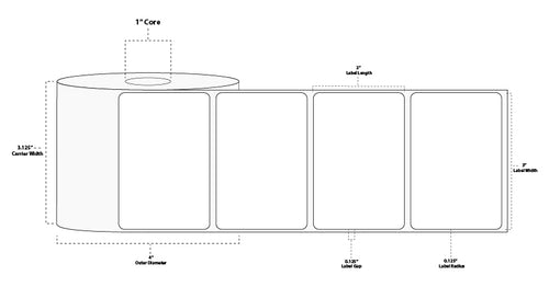 3" x 2" Premium Direct Thermal Paper Label; Perforated; 1" Core; 4" OD; 12 Rolls/carton (735 Labels/roll)