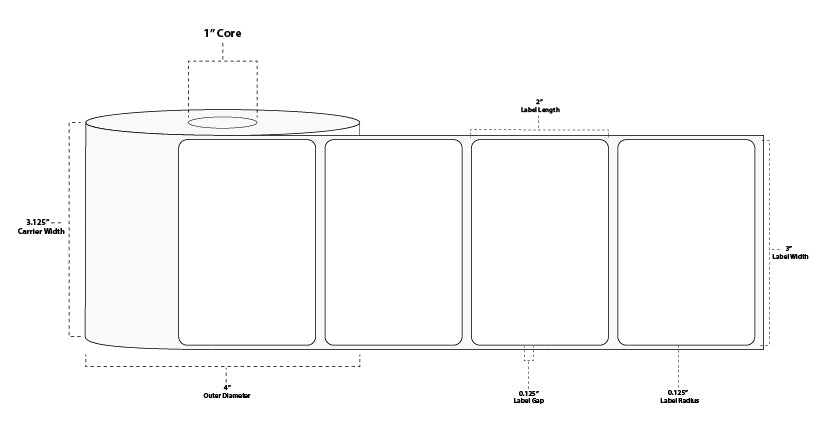 3" x 2" Premium Direct Thermal Paper Label; Perforated; 1" Core; 4" OD; 12 Rolls/carton (735 Labels/roll)