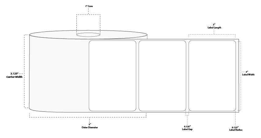 3" x 2" Premium Direct Thermal Paper Label; Perforated; 1" Core; 5" OD; 6 Rolls/carton (1,240 Labels/roll)