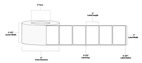3" x 2" Premium Direct Thermal Paper Label; Perforated; 3" Core; 6" OD; 8 Rolls/carton (1,475 Labels/roll)