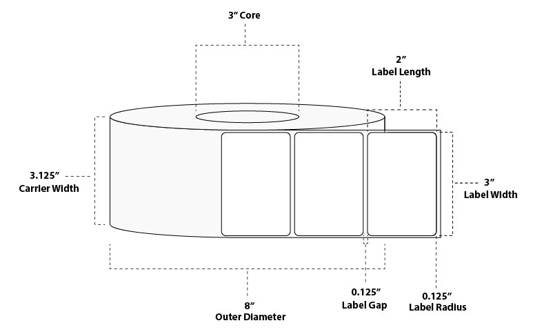 3" x 2" Premium Direct Thermal Paper Label; Perforated; 3" Core; 8" OD; 6 Rolls/carton (3,000 Labels/roll)