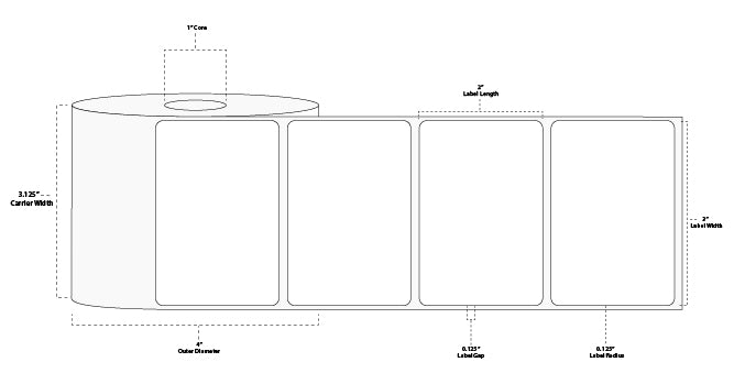 3" x 2" Premium Thermal Transfer Paper Label; Perforated; 1" Core; 4" OD; 12 Rolls/carton (735 Labels/roll)