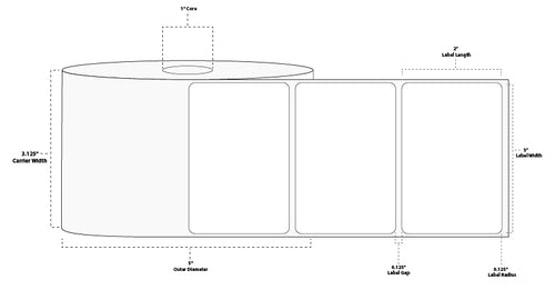 3" x 2" Premium Thermal Transfer Paper Label; Perforated; 1" Core; 5" OD; 6 Rolls/carton (1,400 Labels/roll)