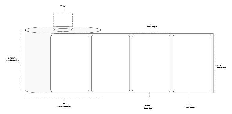3" x 2" Standard Direct Thermal Paper Label; Perforated; 1" Core; 4" OD; 32 Rolls/carton (750 Labels/roll)