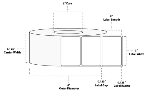 3" x 2" Standard Direct Thermal Paper Label; Perforated; 3" Core; 8" OD; 8 Rolls/carton (3,000 Labels/roll)