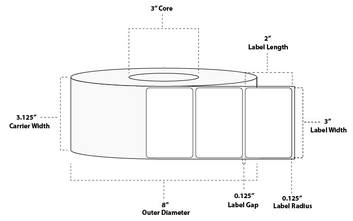 3" x 2" Standard Direct Thermal Paper Label; Perforated; 3" Core; 8" OD; 8 Rolls/carton (3,000 Labels/roll)